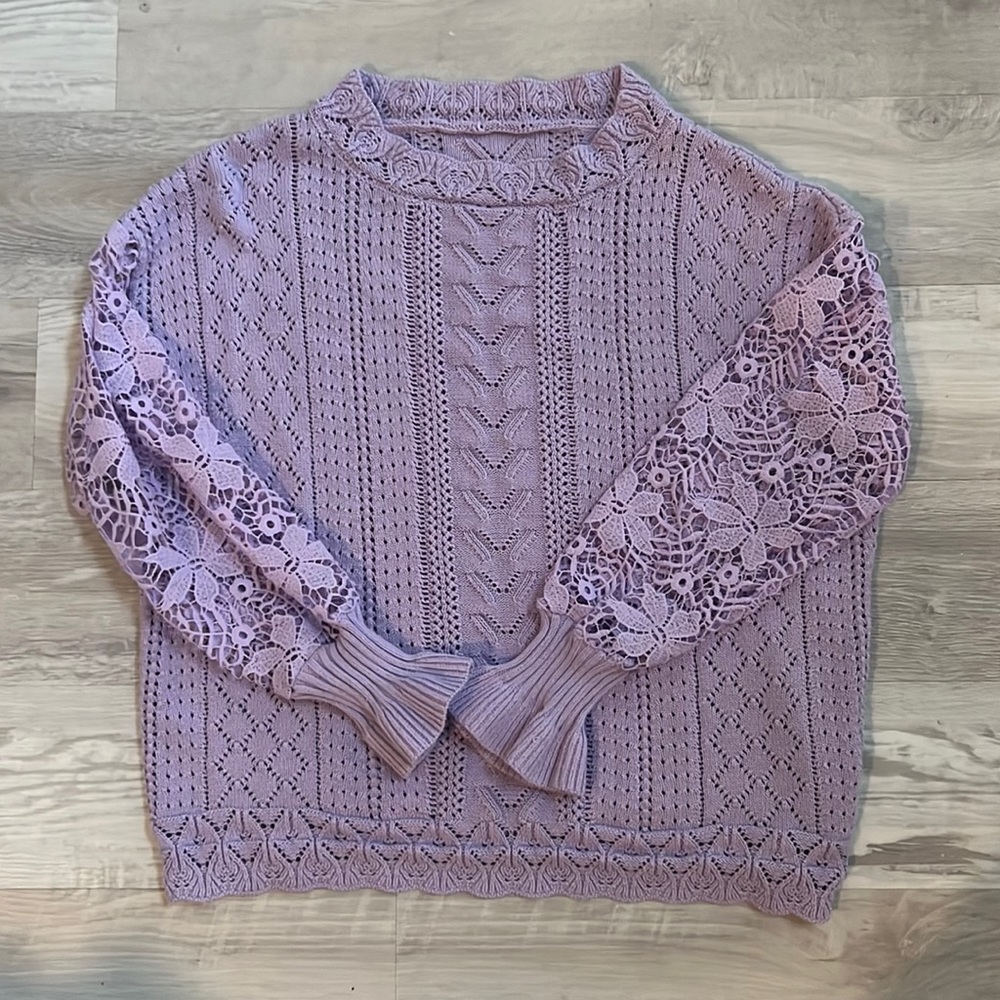 Women’s Lace Crochet Long Sleeve Crewneck Sweater